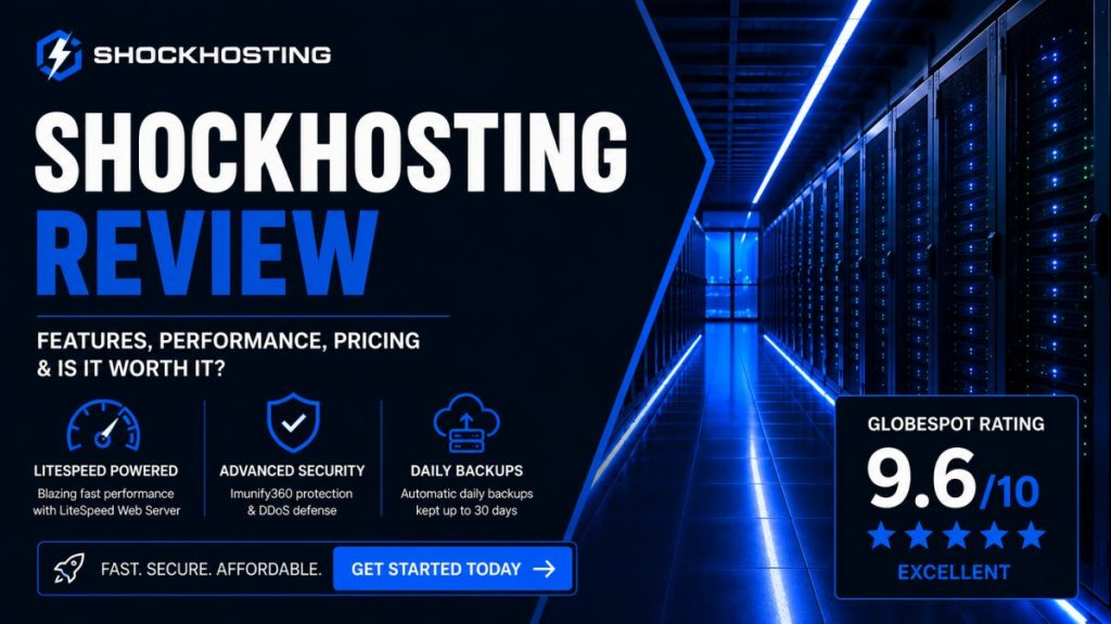 ShockHosting Review featuring a modern web hosting data center