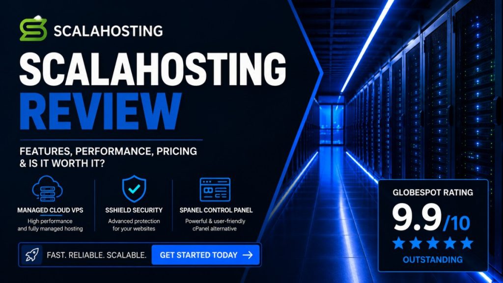 ScalaHosting Review featuring a modern cloud hosting data center