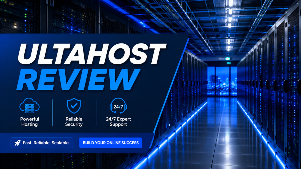 UltaHost Review featuring a modern web hosting data center